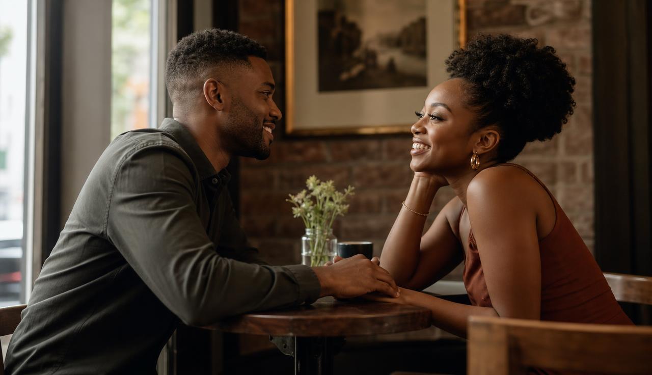 A black couple holding hands across a cafe table, smiling in love