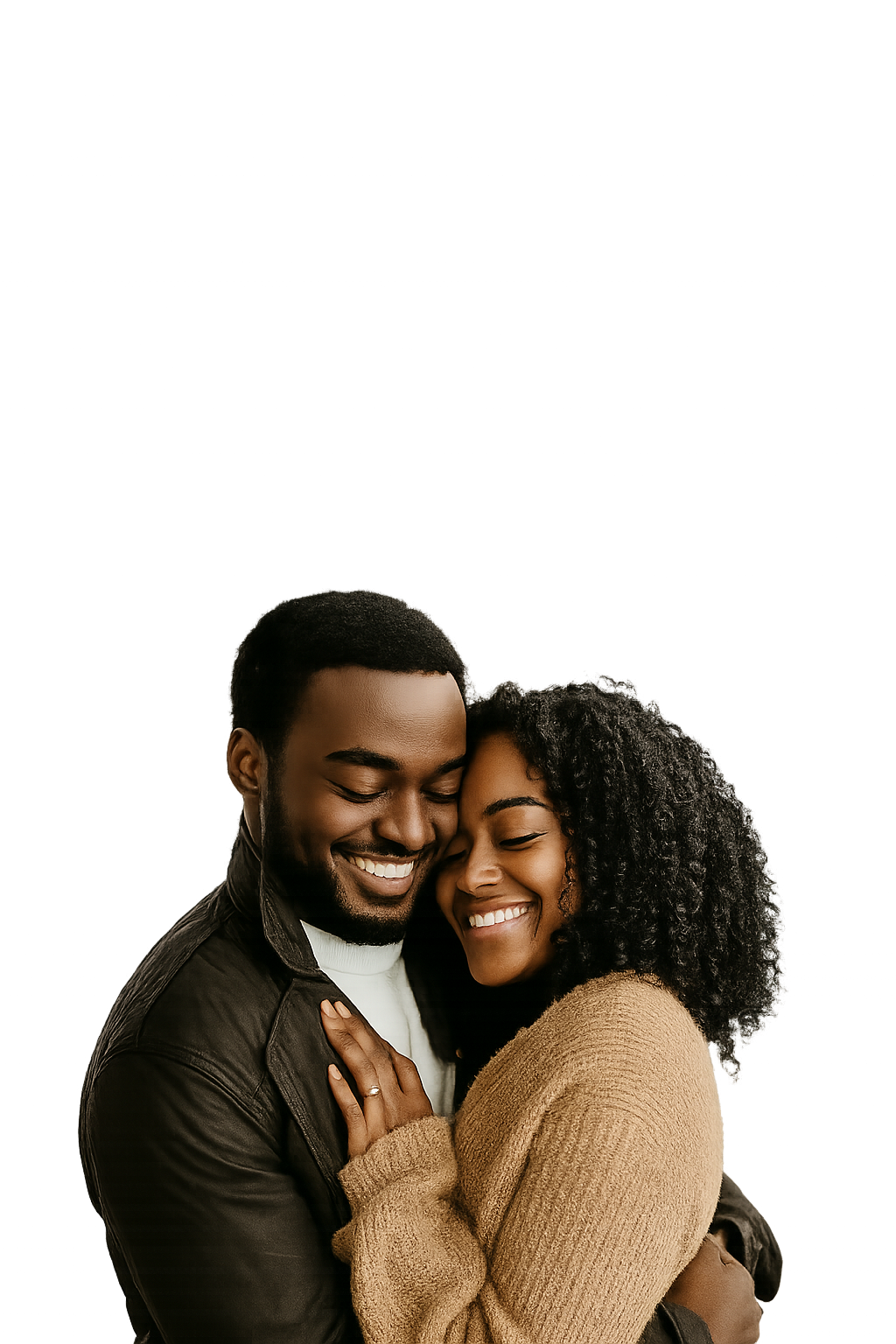 A happy black couple embracing and smiling together